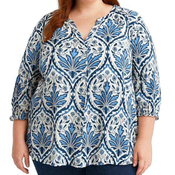 Talbots Medallion Print Blue White Popover Top V Neck Long Sleeve 3X NWT - Picture 10 of 10